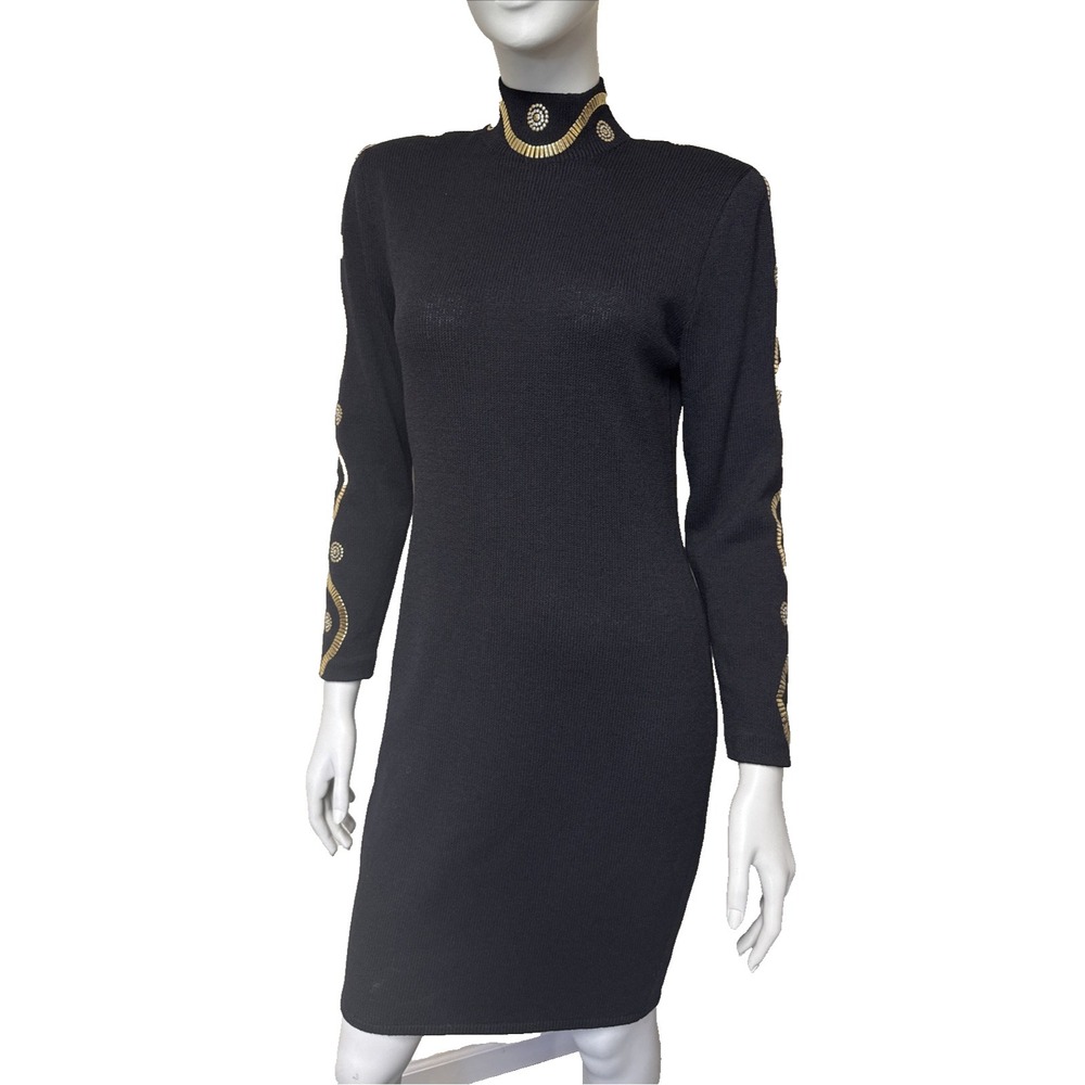Vtg ST John Santana Knit Dress 6 Black Gold Embellished Cocktail 90s Old Money - Picture 2 of 13